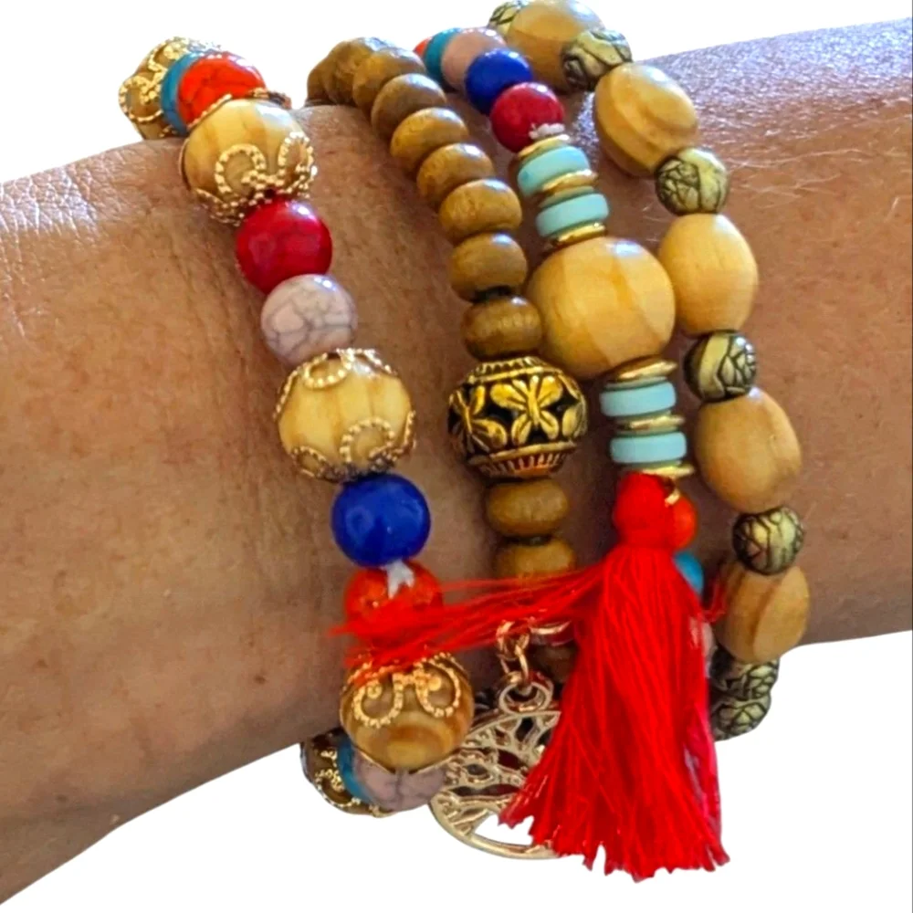 New Colorful Beaded Bracelet Set with Tree Charm And Tassell Earrings